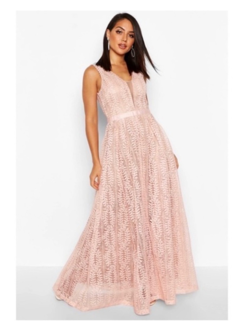 Lucy‎ Wang Boutique All Lace Plunge Neck Maxi Dress Pink Nude Women Sz Small